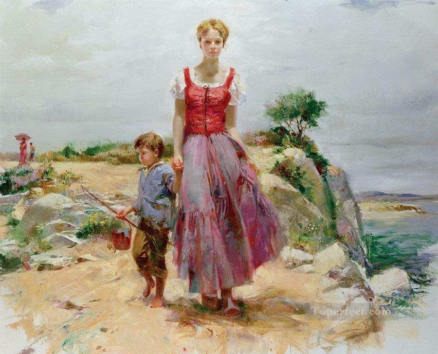 ピノ・ダエニ母と息子美しい女性女性油絵